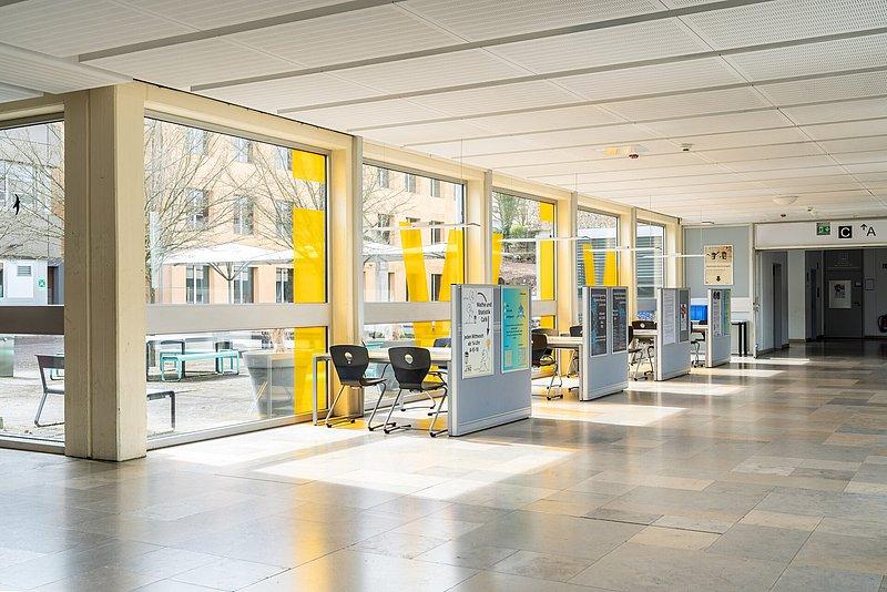 Heller Flur mit großen Fenstern, gelben Streifen und Arbeitsplätzen.