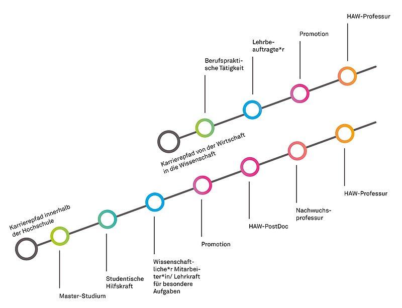 Karrierepfade für wissenschaftliche Karrieren Grafik, die in zwei schrägen Strahlen von links unten nach rechts oben unterschiedliche Stufen einer wissenschaftlichen Karriere an einer HAW darstellen. Oberer Strahl: Karrierepfad von der Wirtschaft in die Wissenschaft - Berufspraktische Tätigkeit; Lehrbeauftragte*r, Promotion, HAW-Professur; unterer Strahl: Karrierepfad innerhalb der Hoschschule - Masterstudium, Studentische Hilfskraft, Wissenschaftliche*r Mitarbeiter*in / Lehrkraft für besondere Aufgaben, Promotion, HAW-PostDoc, Nachwuchsprofessur, HAW-Professur