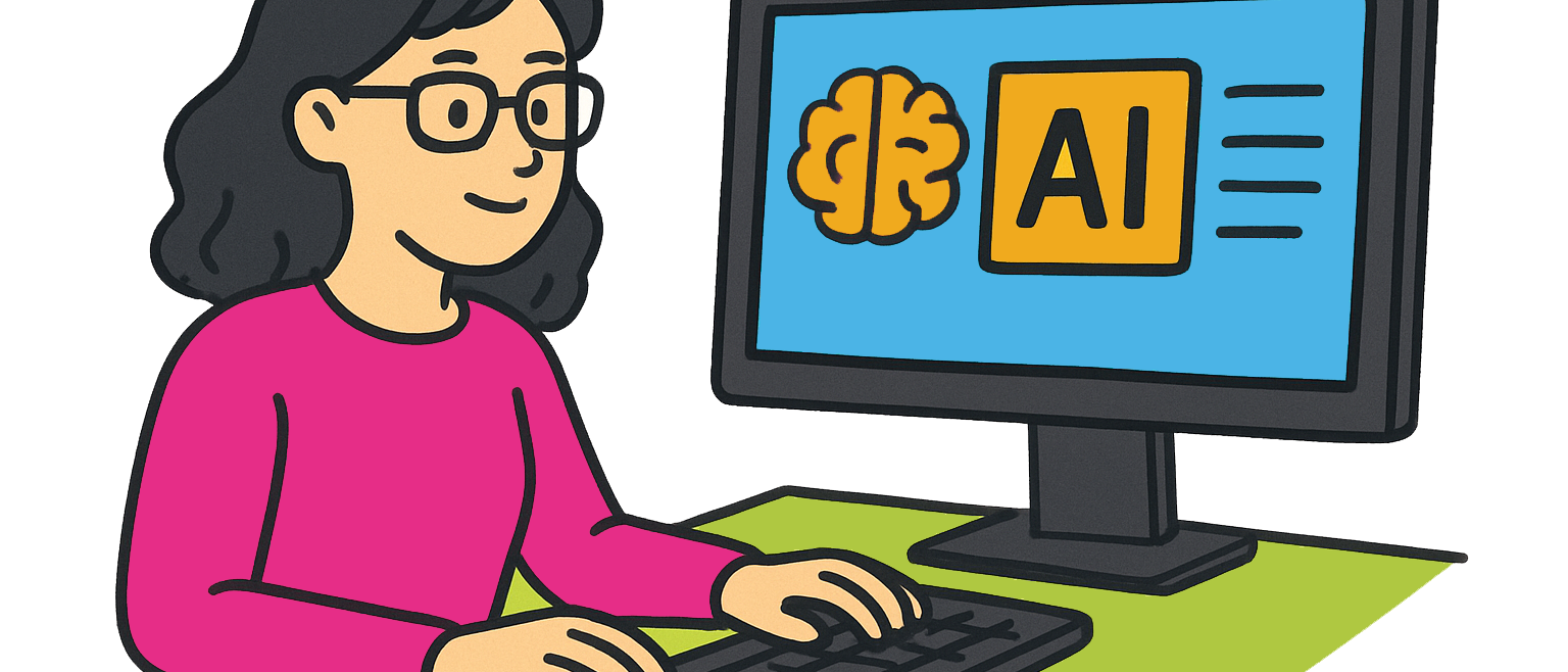 Frau mit dunklen Haaren und pinkem Pullover sitzt an einem grünen Tisch und tippt auf einer Tastatur vor einem Monitor mit einer Grafik aus einem Gehirn und dem Schriftzug 'AI'.